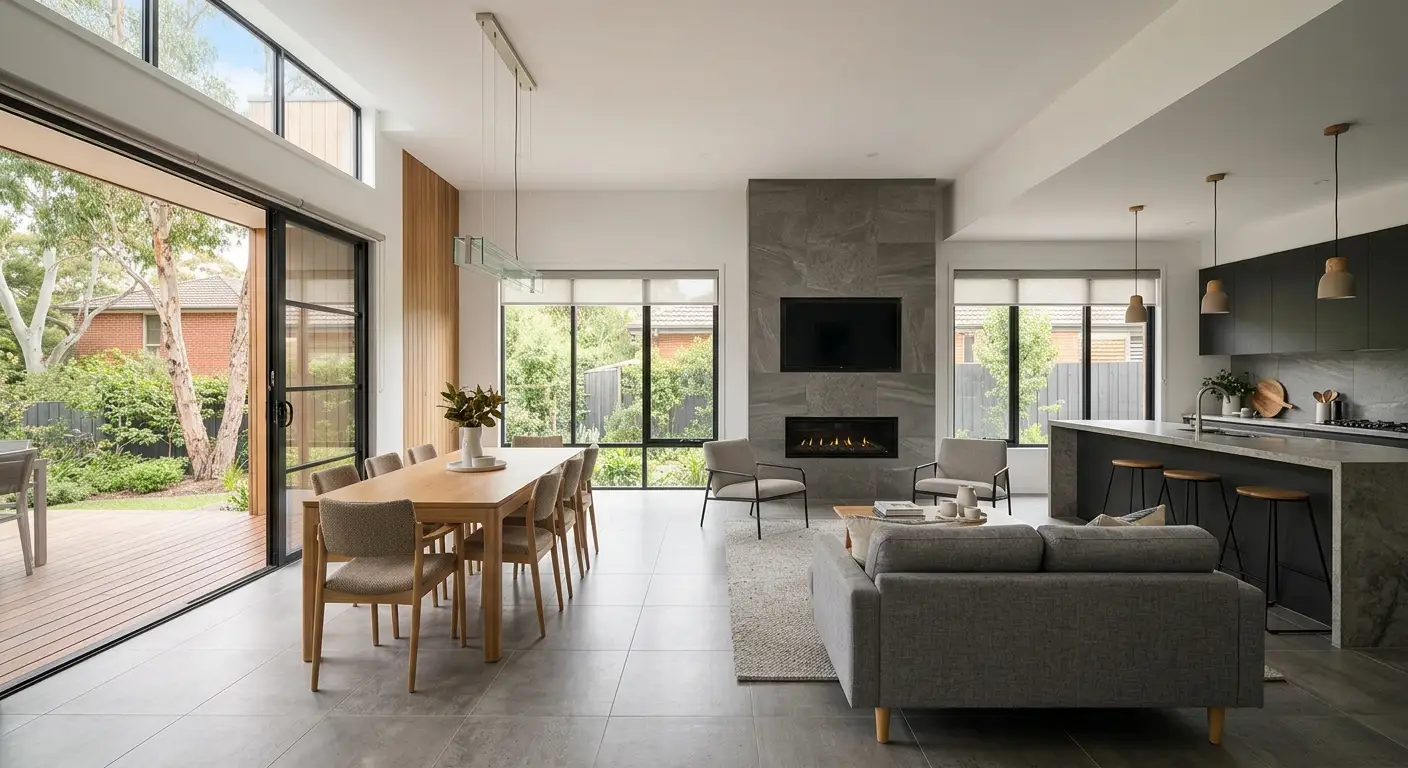 Modern renovated home interior with professionally installed floor and wall tiles